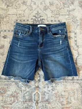Vervet Mid-Rise Dark Blue Distressed Denim Shorts